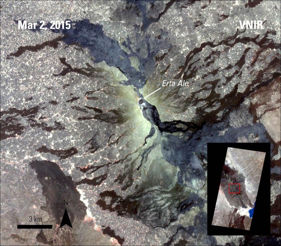 Composite satellite image of the Erta Ale volcano showing the lava lake, lava scars from past eruptions, and current lava flows, differentiated by shades of black.