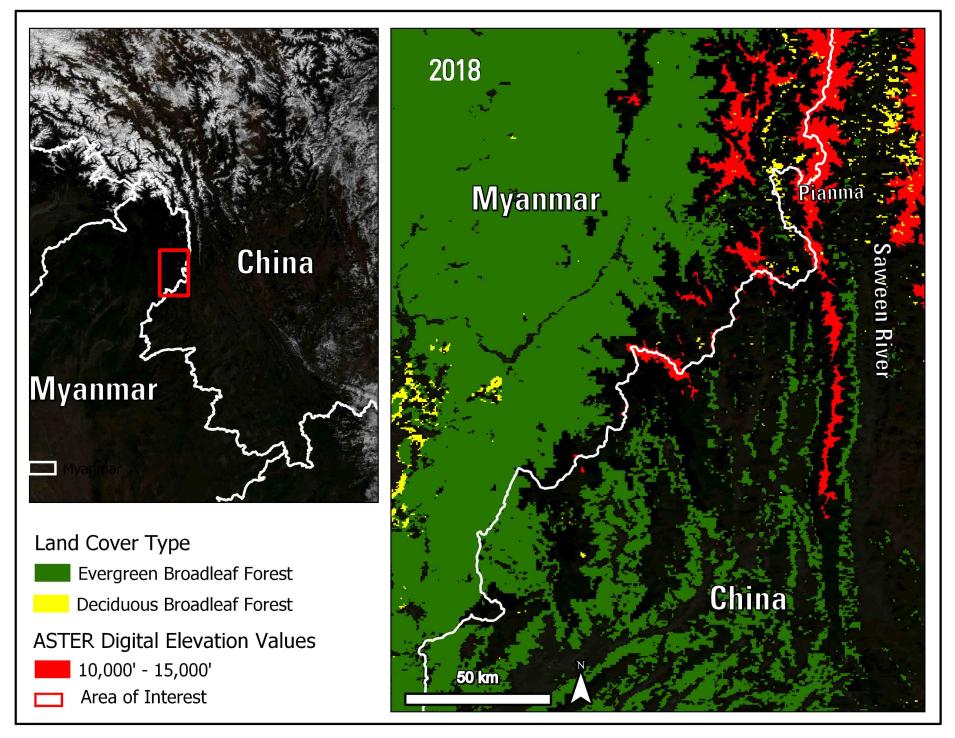 A map on the left shows the area of interest on the Myanmar/China border. A map on the right combined Terra and Aqua MODIS Land Cover data displaying suitable areas in the region for the black snub-nosed monkey.