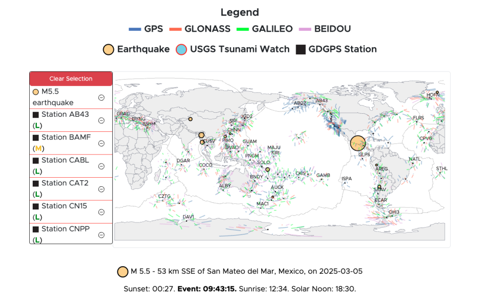 The GUARDIAN application detected an M5.5 earthquake 53km South, Southeast of San Mateo del Mar, Mexico on March 5, 2025.