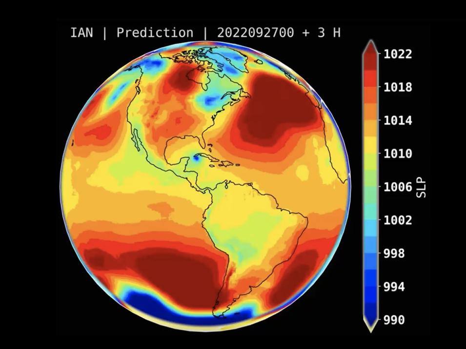 image shows a track and intensity (Mean Sea Level Pressure [MSLP] and 2-meter sustained wind speed) prediction of Hurricane Ian in September 2022 generated by the Prithvi foundation model. 