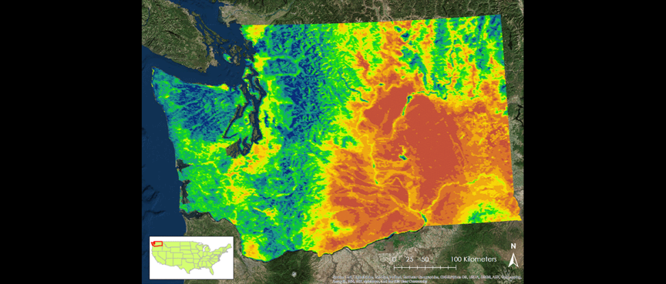Map showing land surface temperature data of Washington State forecasted for 2045 and 2065