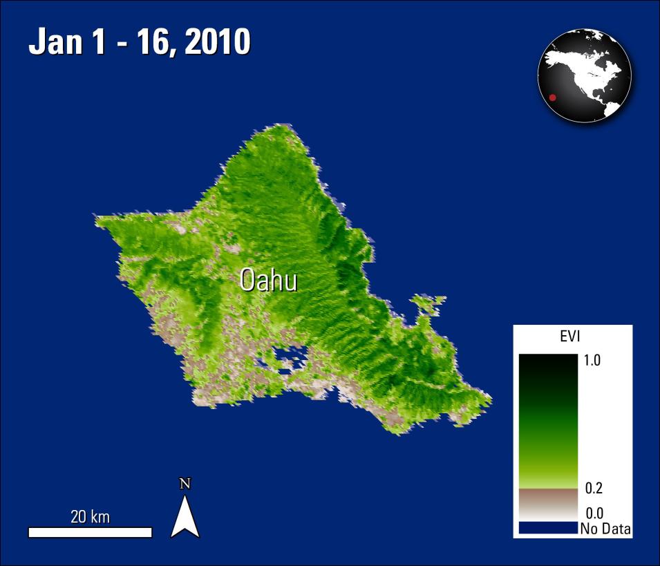 Vegetation greenness map of Oahu, Hawaii, January 2010