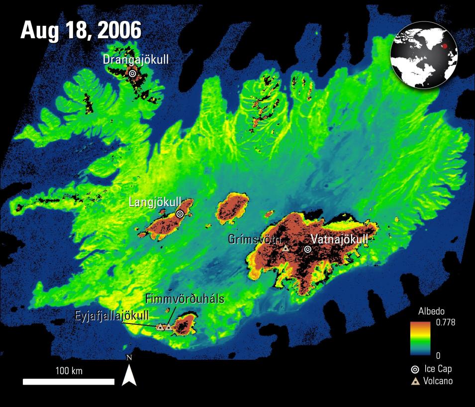 Iceland shortwave albedo map showing ice caps (2006)