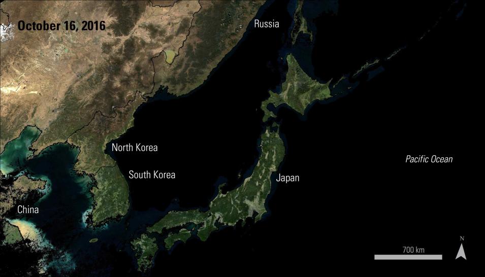 Satellite imagery over eastern Asia on October 16, 2016.