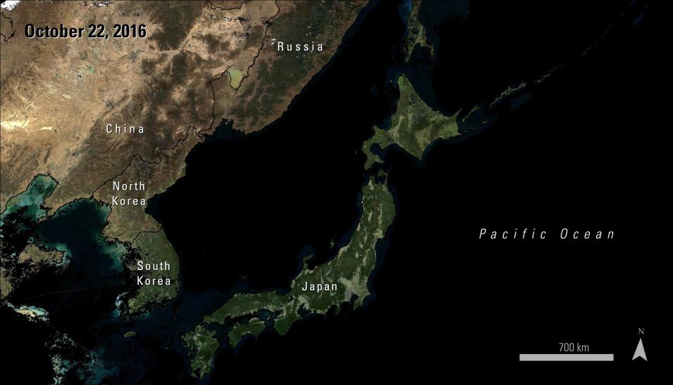 Satellite imagery over eastern Asia on October 22, 2016.
