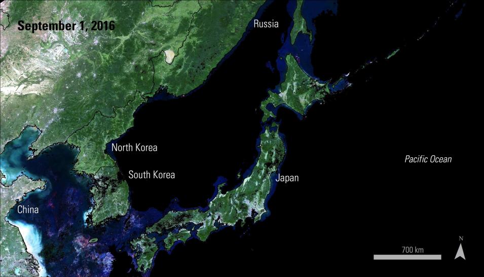 Satellite imagery of eastern Asia from September 1, 2016.