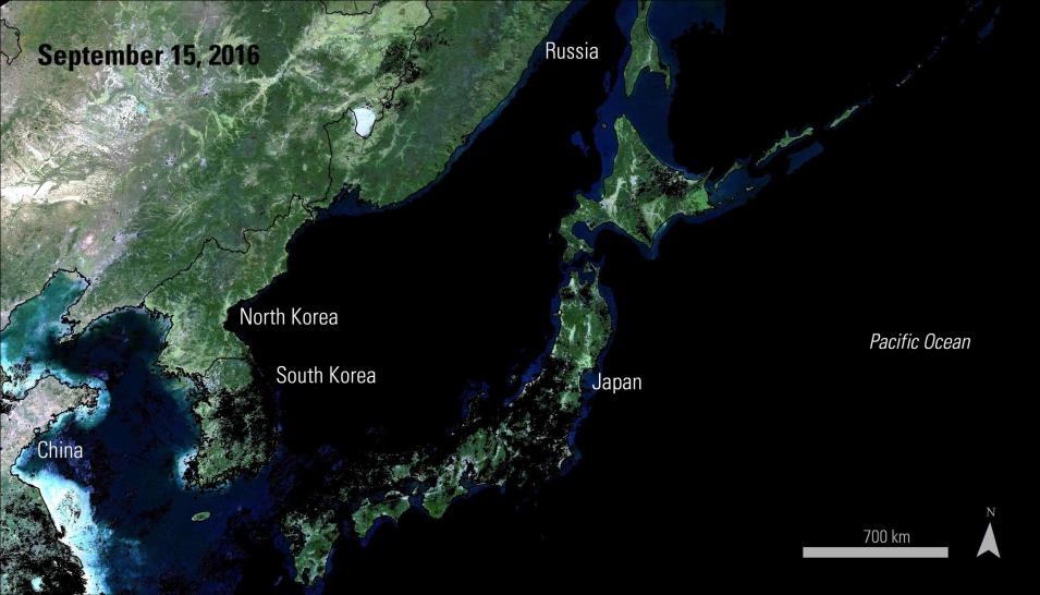 Satellite imagery of eastern Asia from September 15, 2016.