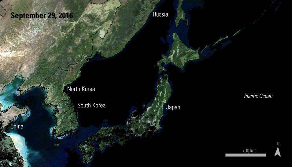 Satellite imagery of eastern Asia on September 29, 2016.