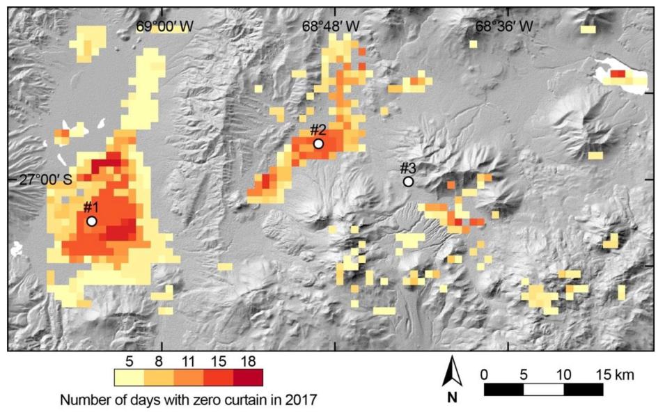 Satellite imagery of the Atacama region showing number of days with zero curtains.