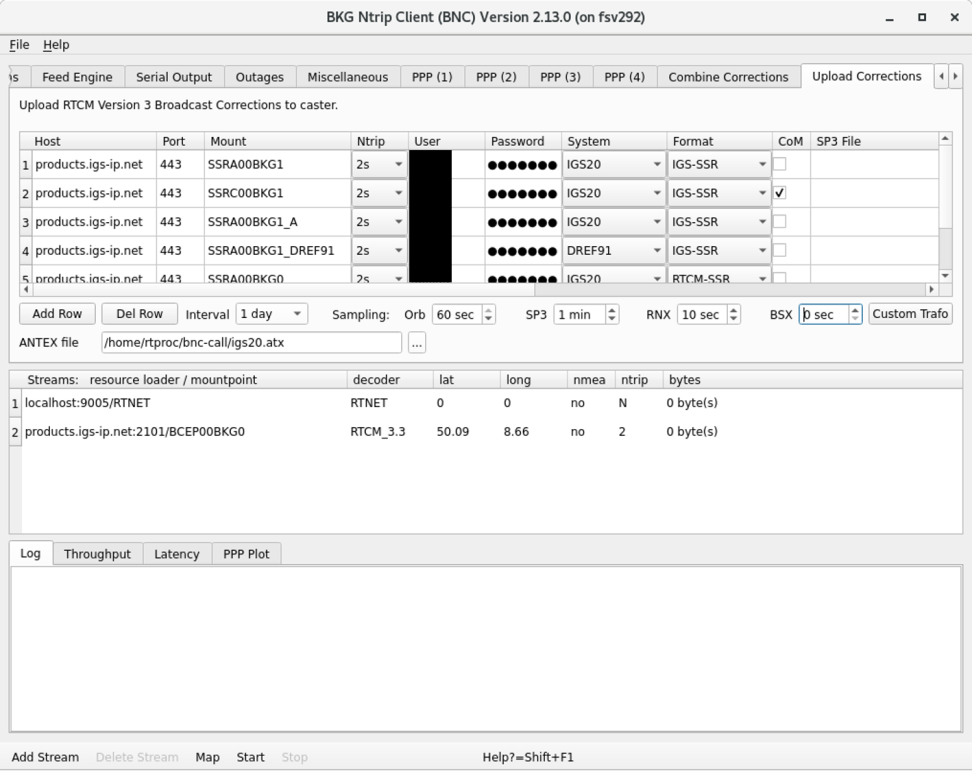 Screenshot from BKG NTRIP Client version 2.13 showing upload corrections