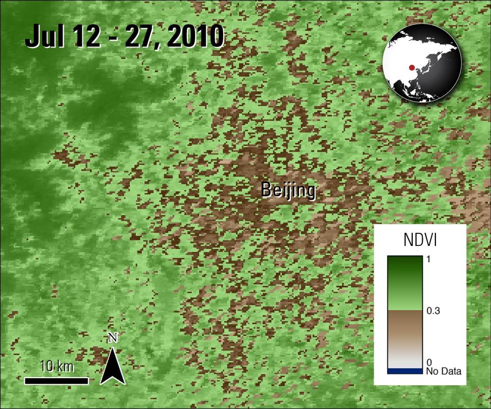 Terra MODIS NDVI data over Beijing, China, acquired between July 12 and 27, 2010.