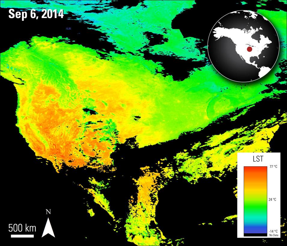 In this rectangular image land temperatures are depicted by coloring areas shades of black, blue, green, yellow, orange and red to represent temperature of minus 14 degrees to 77 degrees Celsius. The left and bottom sides of the image are colored primarily orange and yellow. The right and upper sides are green to blue. In the upper lefthand corner is the text Sep 6, 2014. In the upper righthand corner is a small map of North America with a red dot marking  the study area in the upper midwest of the US.