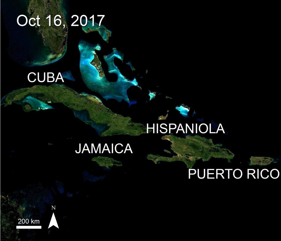 BRDF data over the Caribbean Islands, highlighting Cuba, Jamaica, Hispaniola, and Puerto Rico.