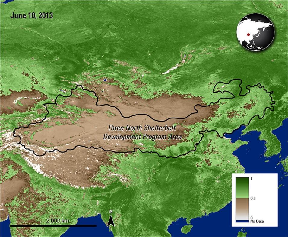 Satellite imagery of the Three North region in northern China.