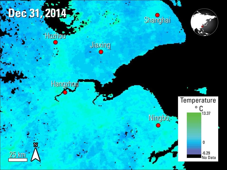 Nighttime Terra MODIS LST data (MOD11A1) over China, acquired on December 31, 2014.