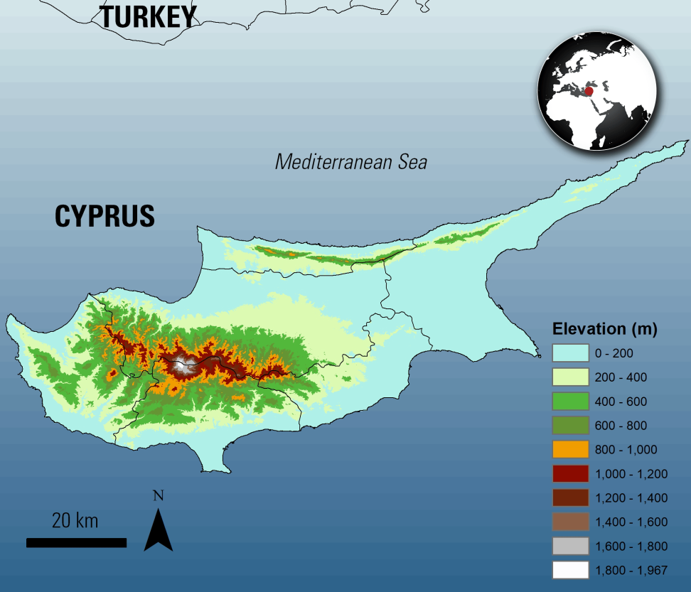 Satellite image developed from the Terra ASTER GDEM data product, used to show the variations in elevation of Cyprus.