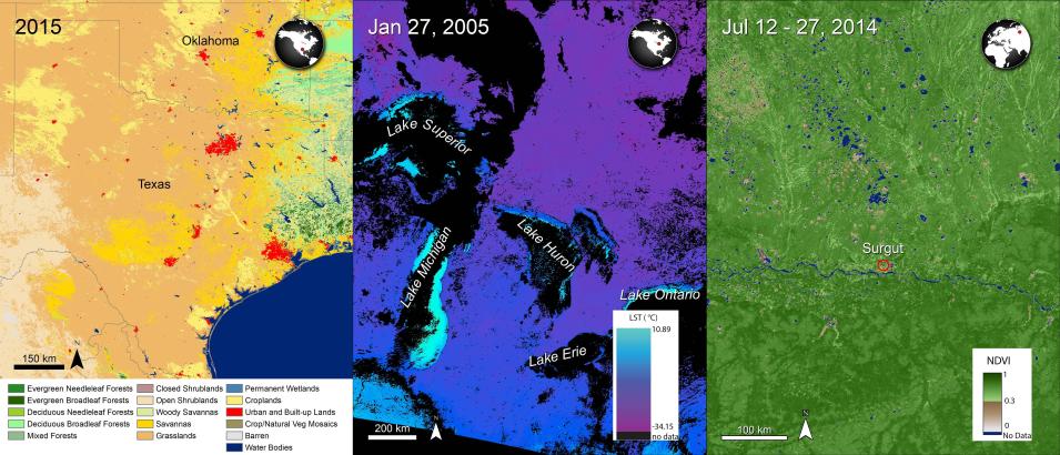 Three panels: left image shows Combined MODIS Land Cover data over Texas and Oklahoma, US, center image shows Terra MODIS LST data over the Great Lakes, US, right image shows Terra MODIS NDVI data over part of Russia.