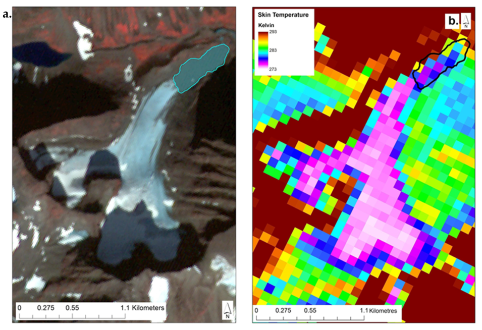 Proglacial lake 6 and the Kaskapakte Glacier, captured by Terra ASTER on August 8, 2014. a) Terra ASTER registered radiance at sensor (AST_L1B) data over the lake and glacier. b) Same area with the Terra ASTER surface kinetic temperature (AST08) data product.