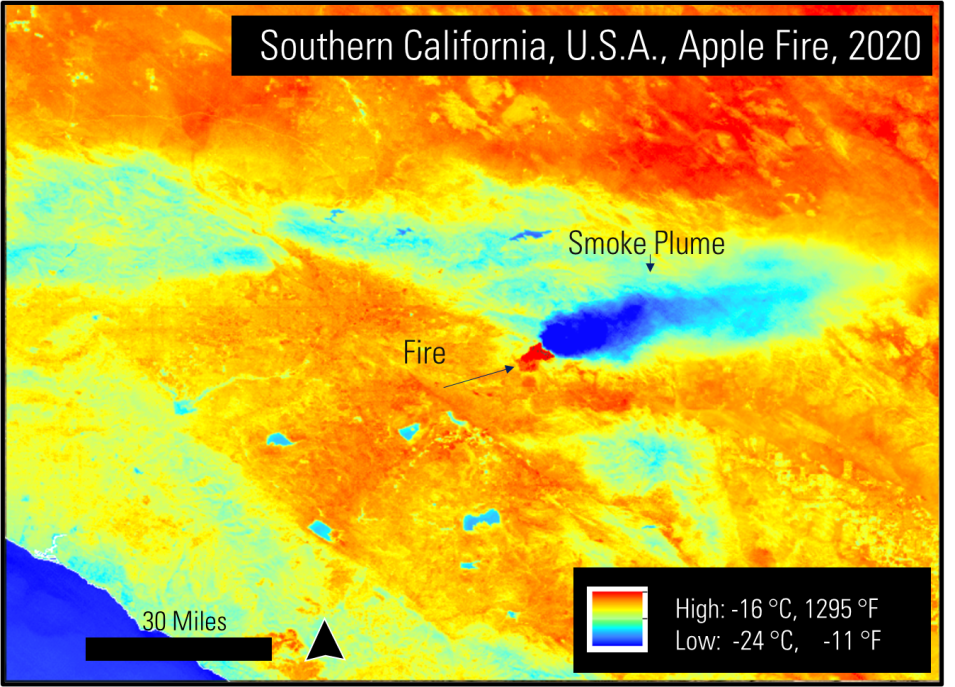 Thermal satellite imagery from ECOSTRESS showing vegetation moisture conditions during the 2020 Apple Fire in southern California.