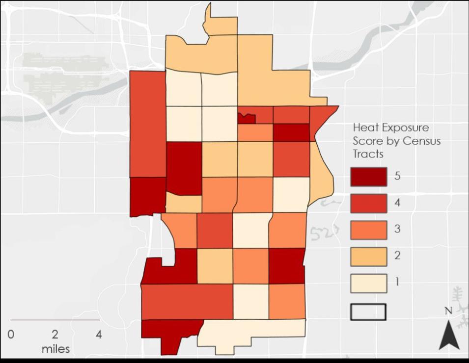 Heat Exposure Score (HES) map of Tempe, Arizona (2015-2020) showing color-coded census tracts. The map uses principal components analysis of biophysical variables derived from Landsat 8 and Aqua MODIS data. Census tracts with HES of 5 (darkest color) indicate very high priority areas for future heat mitigation projects.