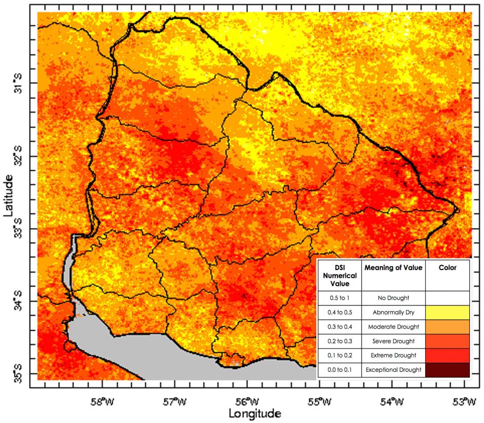This image is framed by a grid of latitude measurements beginning with 35 degrees South and longitude measurements starting with 59 degrees West. Within the grid is a colored map of Uruguay. The regions of the map are shaded in brown for exceptional drought, red for extreme drought, red-orange for severe drought, orange for moderate drought, yellow for abnormally dry, and white for no drought. A majority of Uruguay is colored orange to red.