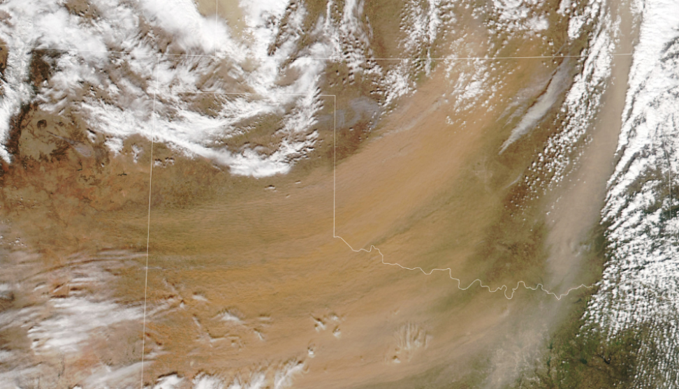 NOAA-21 VIIRS image of a major weather system over Oklahoma that spawned wind-fueled fires and dust storms. .