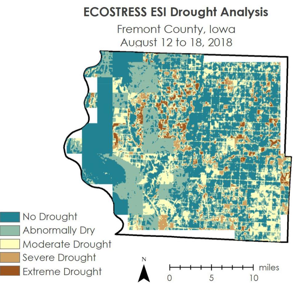 This image has a title at the top reading ECOSTRESS ESI Drought Analysis Fremont County, Iowa August 12 to 18, 2018. Below the text is a map of the county with areas colored in one of six different shades according to how dry they are at the time of measurement. Blue is for no drought. Green is abnormally dry. Yellow is moderate dry. Orange is severe drought. And brown is extreme drought. The county is colored primarily blue, green, and yellow.
