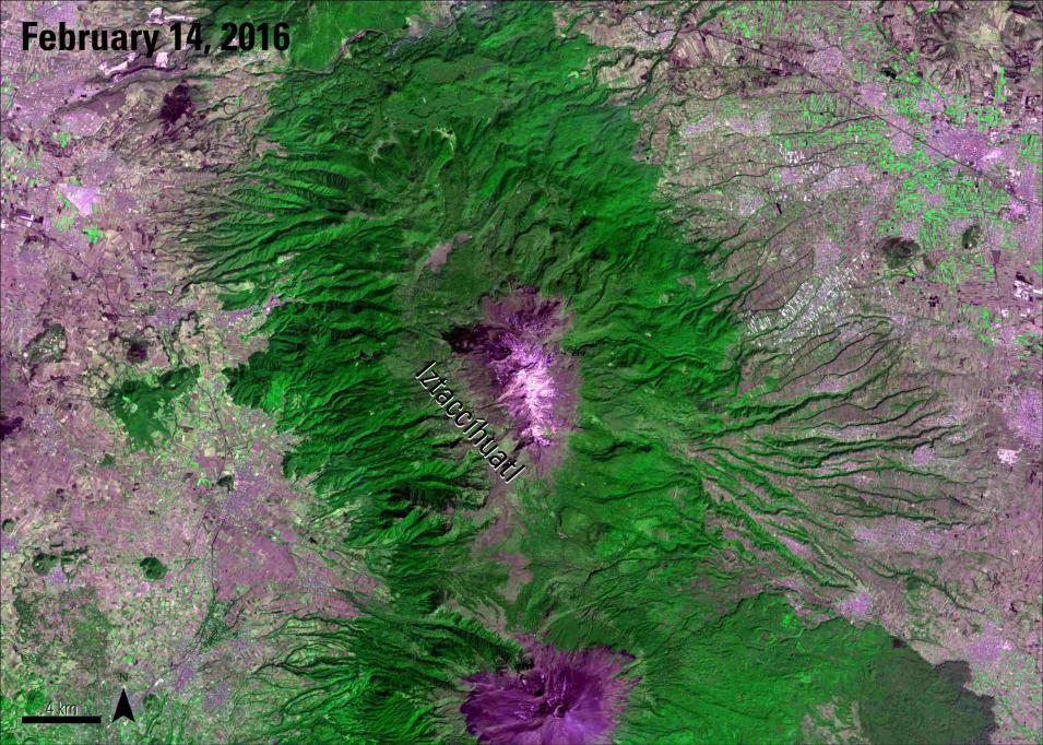 Color infrared satellite image showing the Iztaccíhuatl volcano.