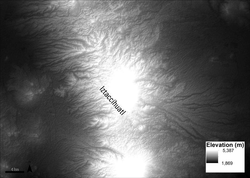 Satellite imagery of the Iztaccíhuatl volcano.