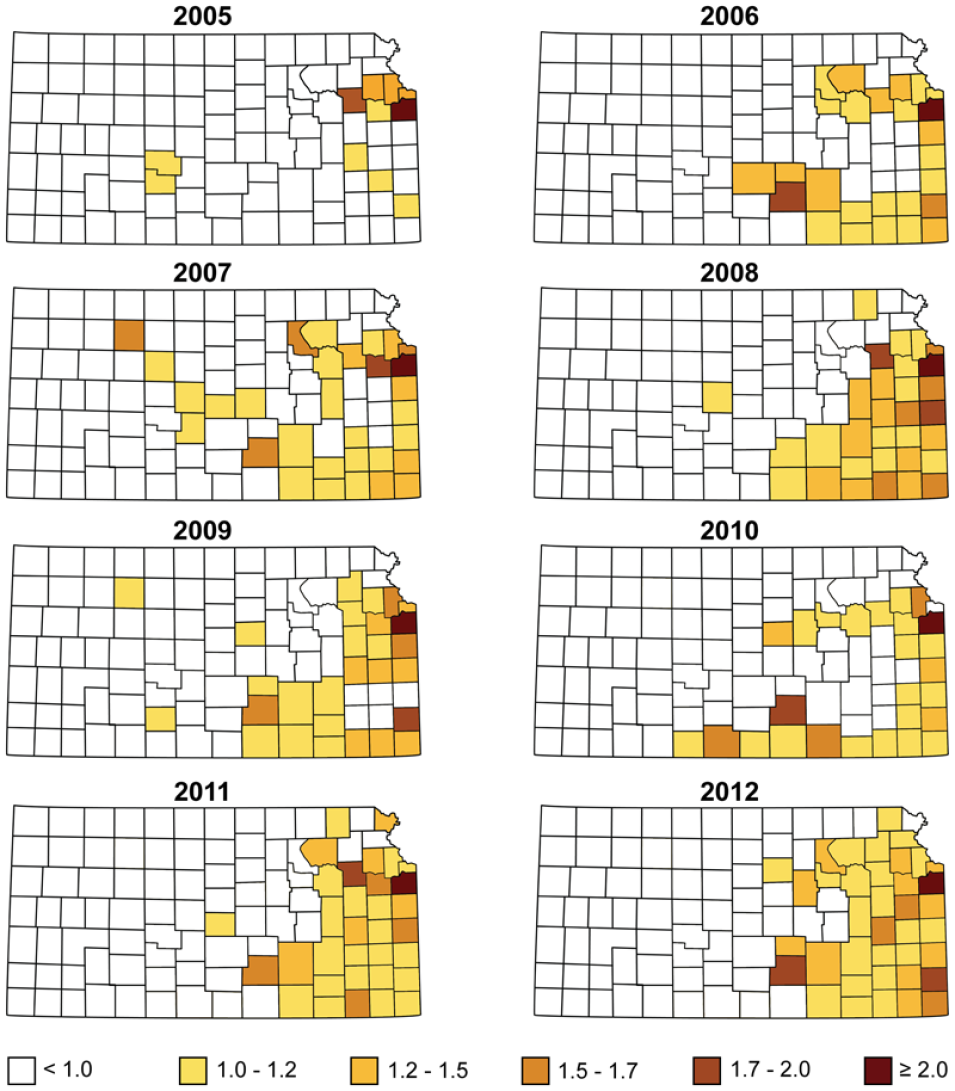Maps showing the smooth posterior relative risk for HME, by county, in Kansas from 2005 to 2012.