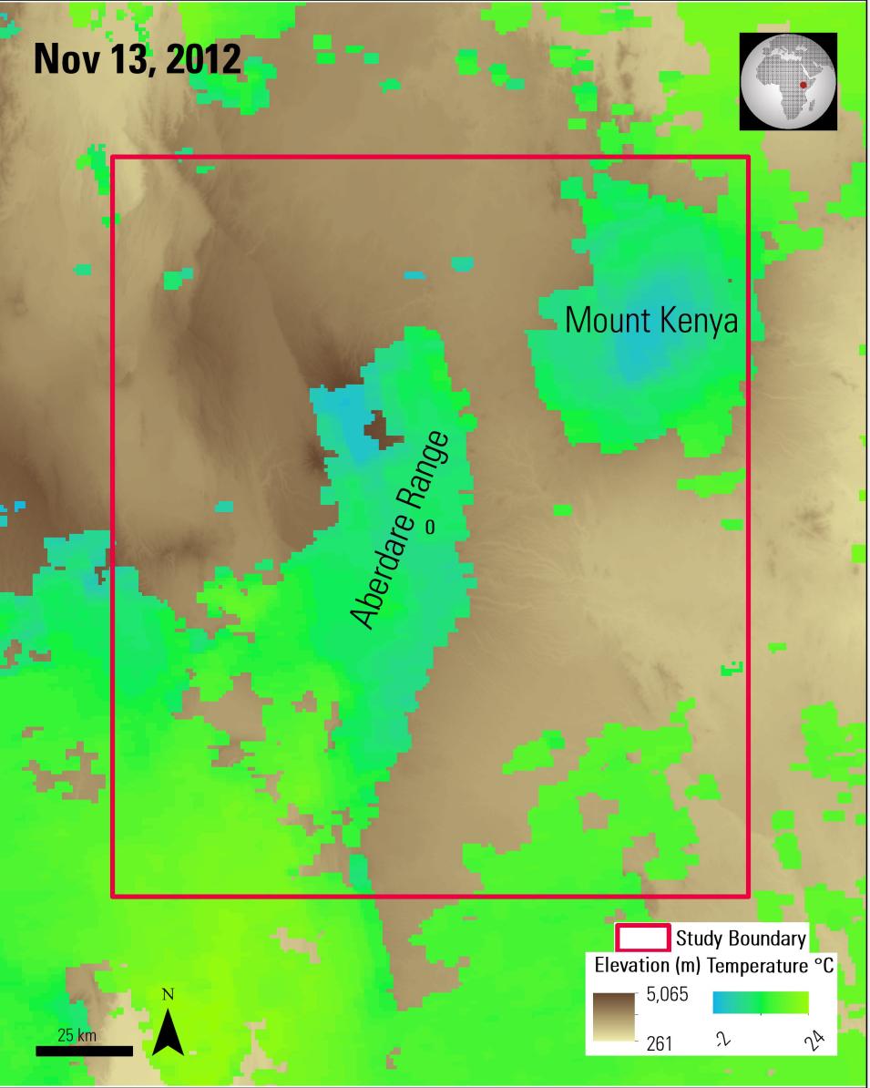 Satellite imagery of Kenya showing Terra MODIS nighttime LST data over Terra ASTER elevation data.
