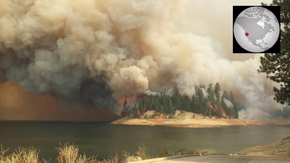 The King Fire actively burning through Stumpy Meadows Campground located on Stumpy Meadows Reservoir, CA.