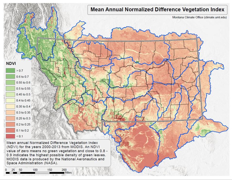 Map of Montana showing the Mean Annual Normalized Difference Vegetation Index.