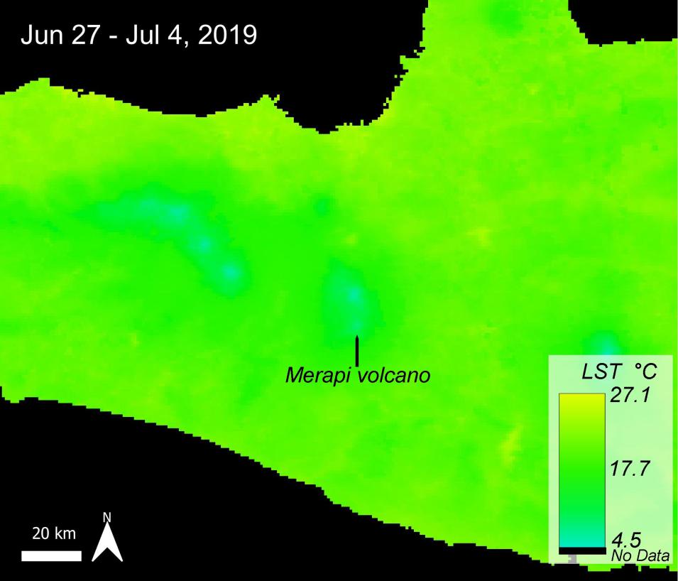 The crater of Merapi volcano viewed from above, displaying thermal patterns captured by Terra MODIS nighttime Land Surface Temperature (LST) data collected during Chen et al.'s (2021) study period. The image shows temperature variations within and around the volcanic crater through color differentiation.