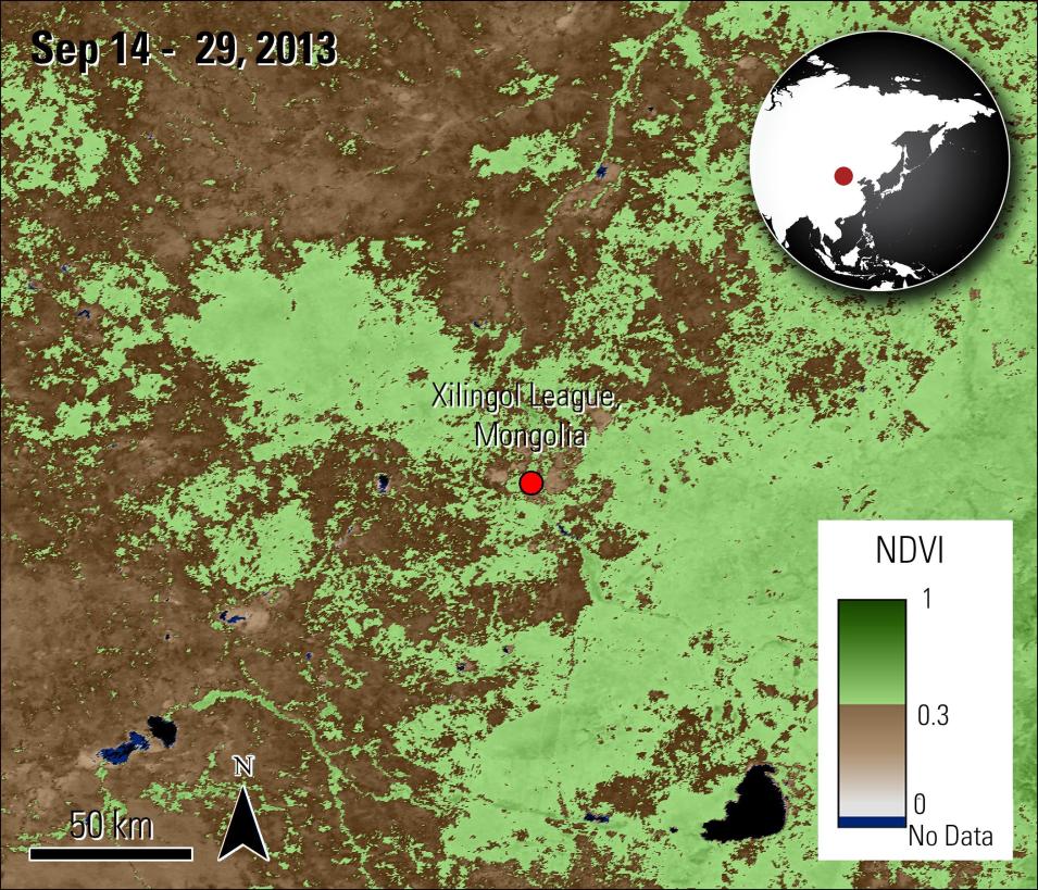 In this rectangular image the normalized difference vegetation is depicted by coloring areas in shades of black, brown, and green. The scale ranges from 0 to 1. Black areas have no data. The left side of the of the image is colored primarily brown, indicating lower values. The right side of the image is mostly green. In the upper lefthand corner is the text Sep 14-29, 2013. In the upper righthand corner is a small map of Asia with a red dot marking the location of the study area. 