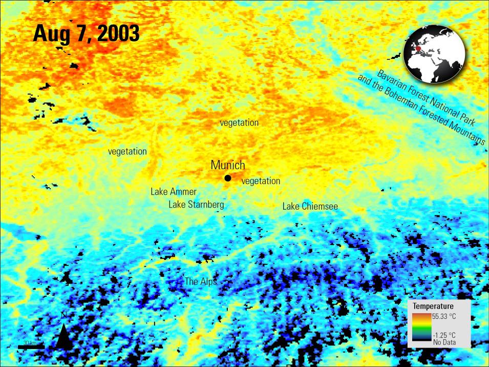 Thermal map of Munich during 2003 heatwave showing land surface temperature variation. Urban areas appear in red/orange (hotter), while vegetation patches appear as cooler blue areas, highlighting the urban heat island effect and vegetation's cooling impact.
