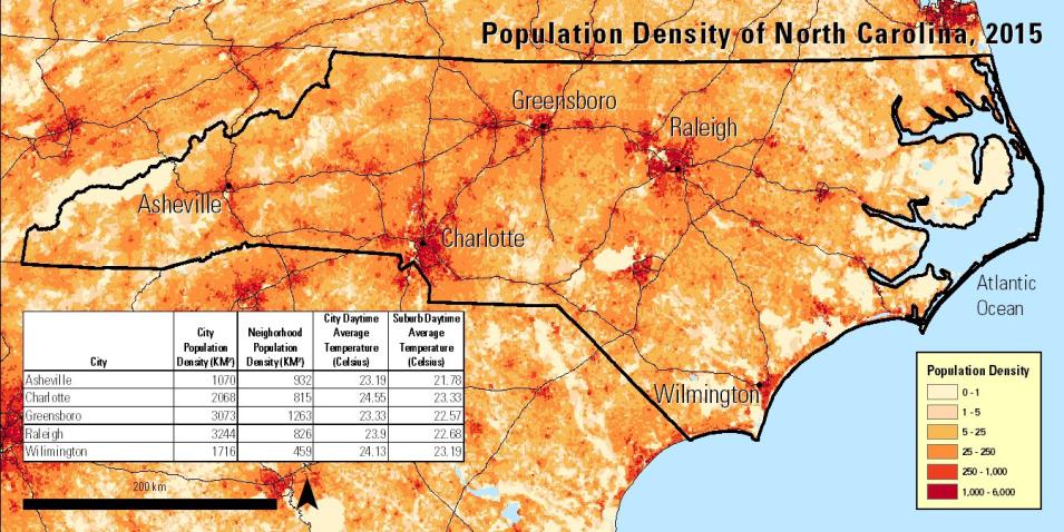2015 GPW Un-Adjusted Population Density Dataset for an area of interest in N.C. including 10 locations