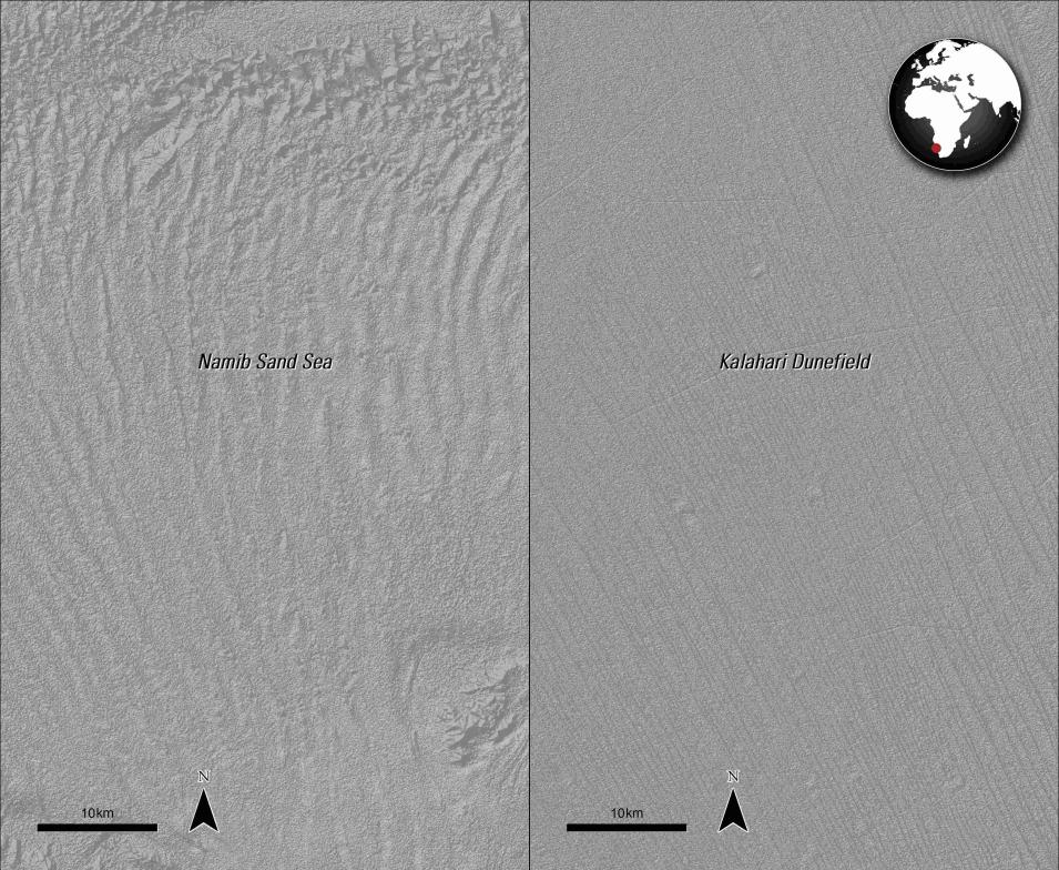 ASTER GDEM data over the Namib Sand Sea and Kalahari Dunefield, Africa.