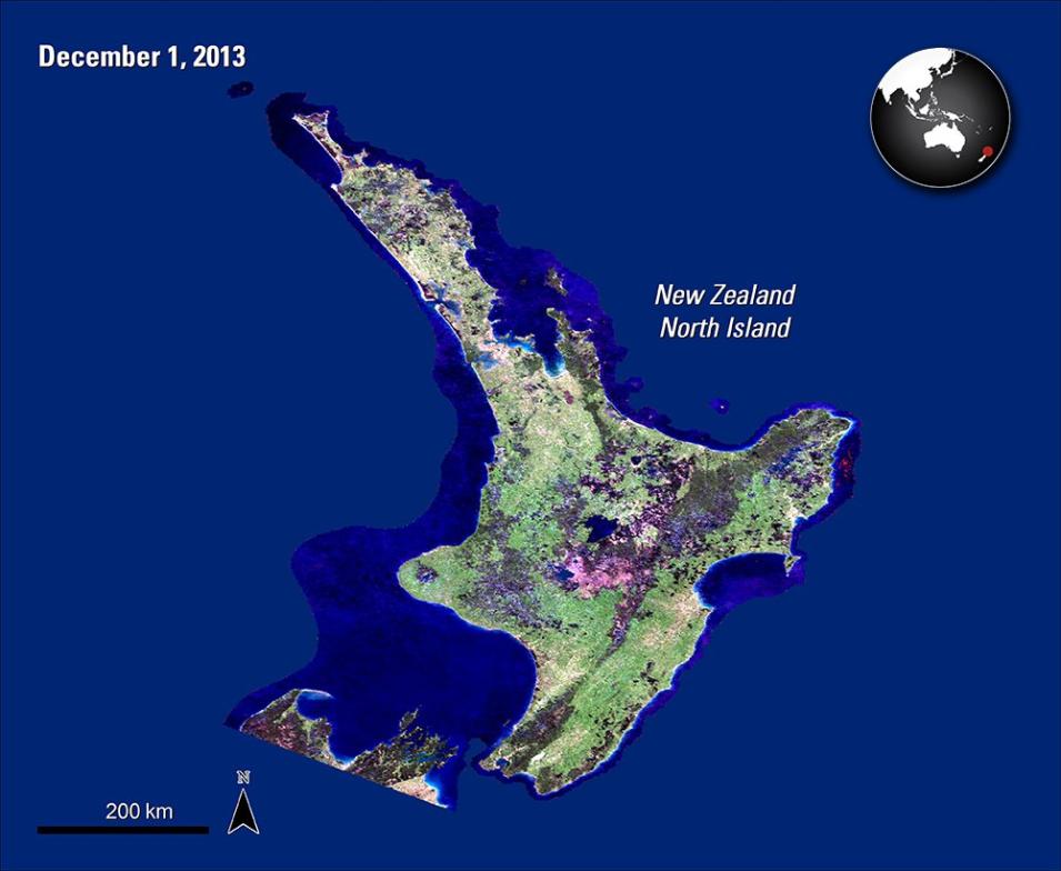 Satellite imagery of the North Island in New Zealand.