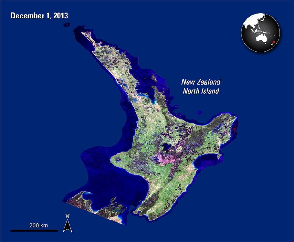 Satellite imagery of the North Island in New Zealand.