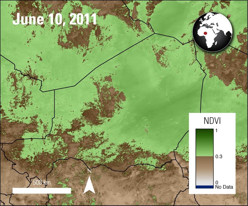 MODIS Terra MODIS NDVI calculated from Surface Reflectance data over part of Africa, acquired June 10, 2011.