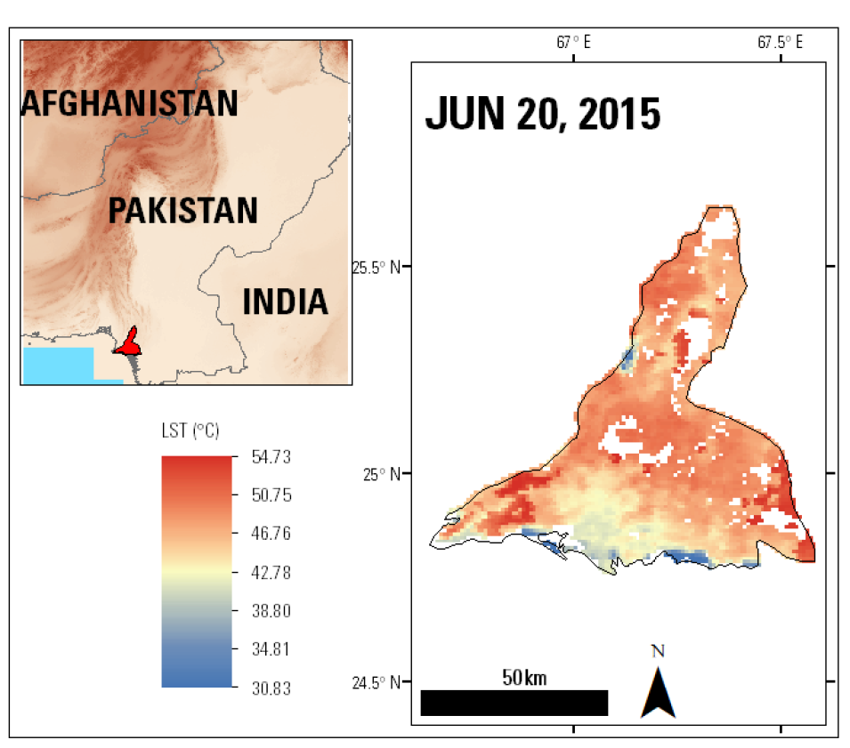 Map of Pakistan and satellite imagery revealing relatively high temperatures.