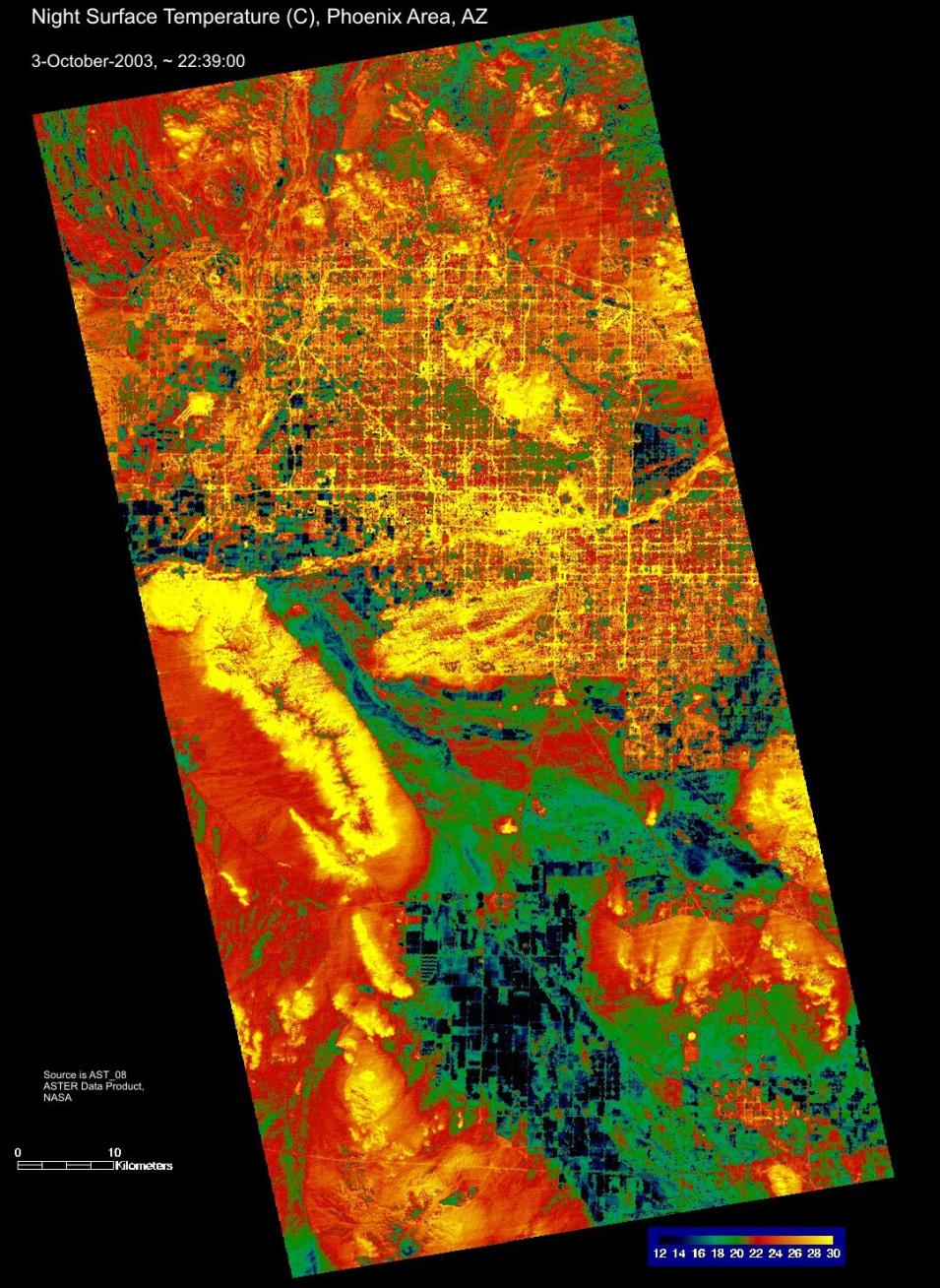 An example of a nighttime ASTER surface temperature image of Phoenix, Arizona.