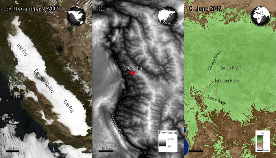 Three panels of MODIS and SRTM data imagery: left image shows fog in California, US, the center image shows elevation over Man Kan, Myanmar, and the right image shows EVI data over the Congo Basin in Africa.