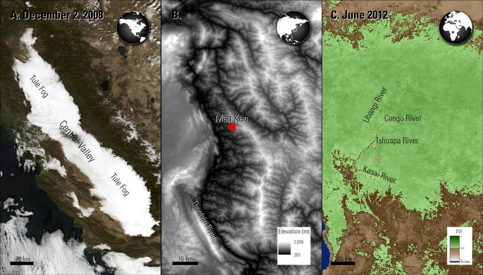 Three panels of MODIS and SRTM data imagery: left image shows fog in California, US, the center image shows elevation over Man Kan, Myanmar, and the right image shows EVI data over the Congo Basin in Africa.
