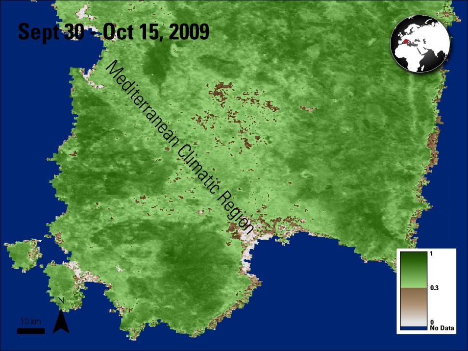 MODIS NDVI composite image of southern Sardinia from September-October 2009. The image shows vegetation patterns with lighter green areas, identified as Mediterranean Climatic Region, standing out among darker vegetation. These lighter areas were determined to have the highest wildfire risk according to researchers' phenological analysis.
