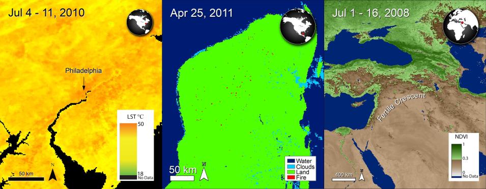 Three panels: left image shows Aqua MODIS LST data over Philadelphia, PA, US, center image shows Terra MODIS fire data over Yucatan, Mexico, and the right image shows Terra MODIS NDVI data over the Fertile Crescent with labels.