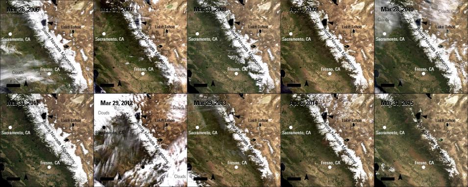 Composite of MODIS data showing snowfall on the Sierra Nevadas from 2006 -2015