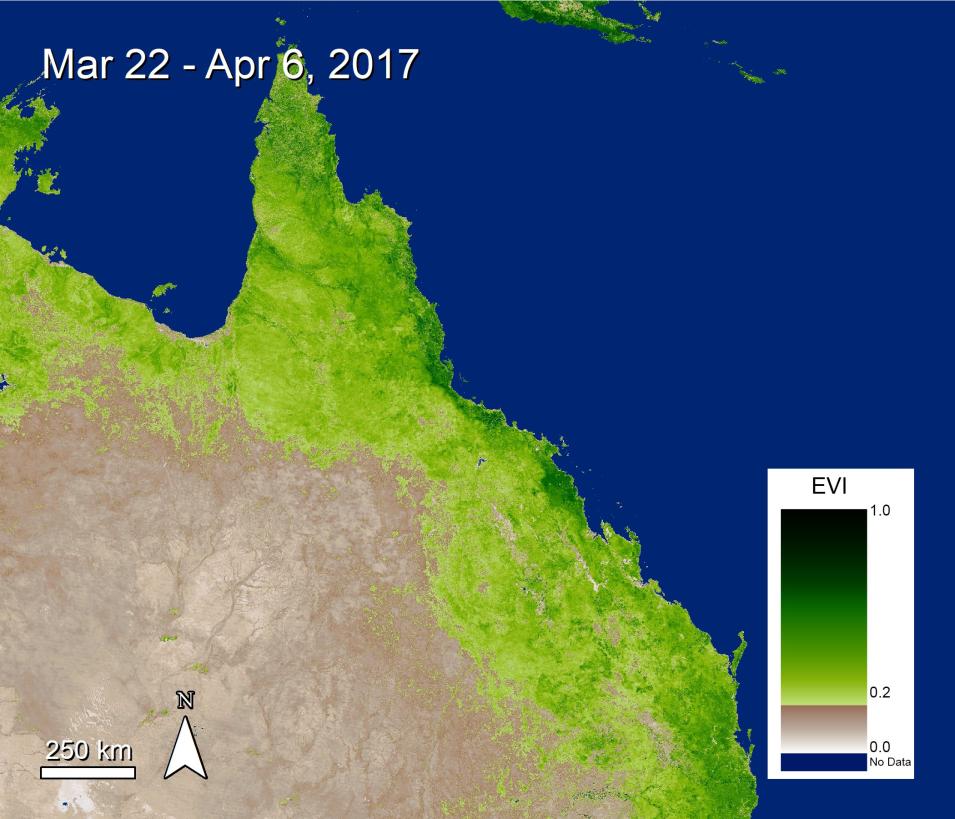 Visible in this image is a portion of Queensland in Northestern Australia. In the lower righ-hand corner is a graphic of the scale of the index. Surfaces colored in shades of blue indicate no data. Brown indicates EVI of 0.0 to 0.2. And green indicates EVI of 0.2 to 1.0. The ocean is colored blue. The coastline is colored in shades of green. The interior of Australia is shades of brown. In the upper left-hand corner is the text Mar 22 - Apr 6, 2017.
