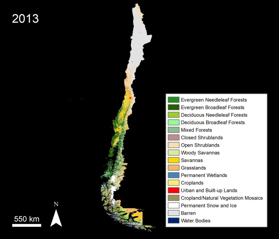 This map of Chile is shaded in 17 different colors to show the location of 17 different kinds of land cover found across the country ranging. The types of land cover range from water bodies to woody savannas. 